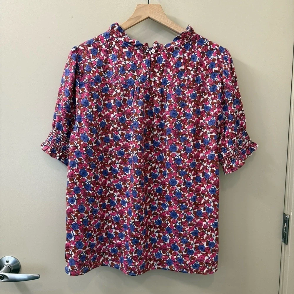 J Crew Smocked linen puff-sleeve top in berry floral size XL pink purple spring